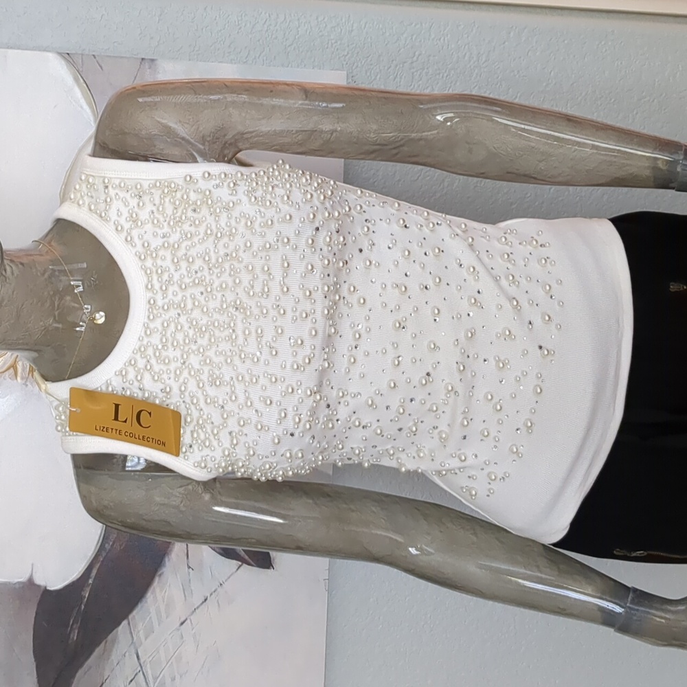 L/C Lizette Collection Faux Pearl / Crystal Embellished Ribbed Tank Small Nwt ❤️